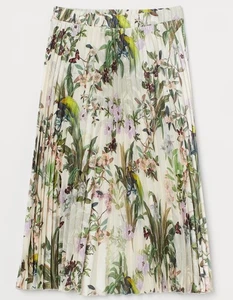 H&M Acordeón Plisado Midi Falda Botánica Floral Estampado de Pájaros Crema Multi Pequeña - Imagen 1 de 6