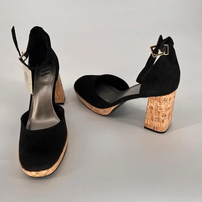 NUEVO CON ETIQUETAS Sandalias de mujer con correa al tobillo y tacón de corcho de gamuza negra talla 8M retro negocios Y2K Foto 1 de 4