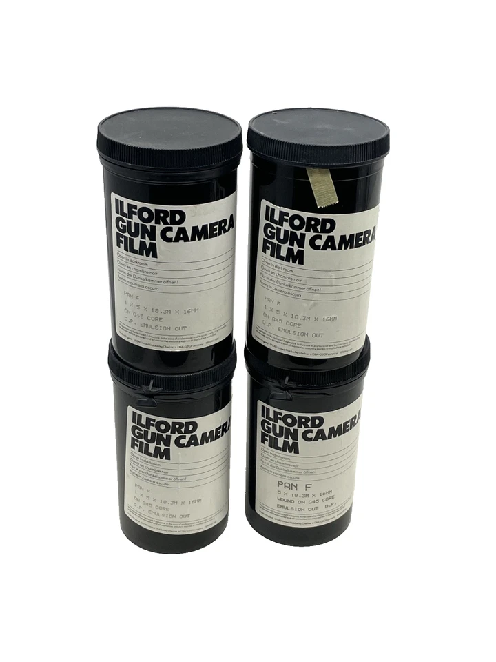4× ILFORD Gun Camera Film – PAN F 16 mm – DP Emulsion Out – G45 Core - 1200 feet - Image 1 of 4