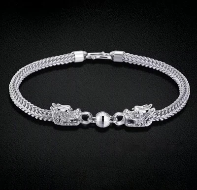 Pure Platinum 950 Chain Men 4mm Dragon Head Wheat Braided Bracelet 7.1-8.3inch - Image 1 of 4