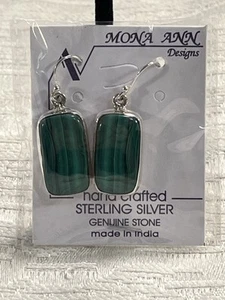 Sterling Silver Genuine Malachite Large Flat Rectangular Hook Earrings New -2794 - Picture 1 of 7