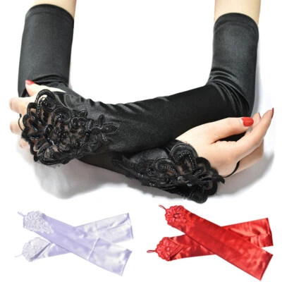 Retro Einfarbig 48cm Lang Satin Handschuhe Fingerlos Perlen Pailletten Damen ↑ - Bild 1 von 4
