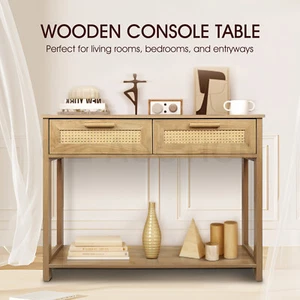 Narrow Console Table Hallway Sofa Couch Side TV Stand with Rattan Storage Drawer - Picture 1 of 11