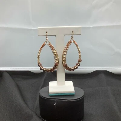 Noir Jewelry Womens Gold Brown Beads Double Oval Shape Hoop Drop Dangle Earrings - Imagem 1 de 4