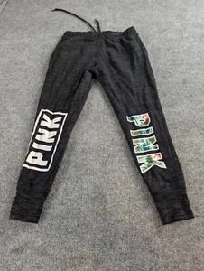 Victoria's Secret Pink Sweat Pants Womens M Black  Marled Tropical Palm Logo  - Picture 1 of 6