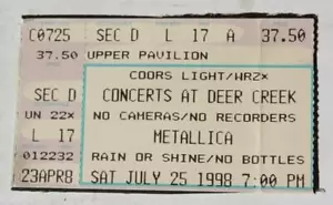 Metallica 1998 Concert Ticket Stub Deer Creek Music Center Noblesville Indiana - - Picture 1 of 1
