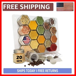 Stylish Magnetic Spice Jars with Airtight Lids - 20 Hexagonal Glass Containers - Picture 1 of 11