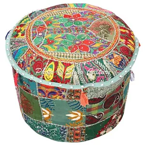 Indian Round Pouf Cover Patchwork Embroidered Living Room Pouffes Bohemian 16" - Picture 1 of 3