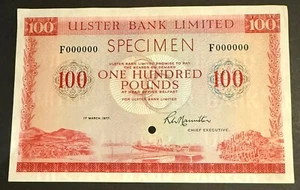 **NORTHERN IRELAND** **ULSTER BANK £100 NOTE** **SPECIMEN** **1977** **HAMILTON* - Picture 1 of 2