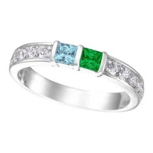 Princess Cut w/side CZ Couple 2 stone Ring Silver, 10K- 14K Simulated Birthstone - Picture 1 of 16