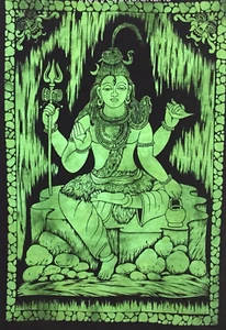 Indian Tapestry Lord Shiva Ji Green Color Cotton Wall Hanging Poster Home Decor - Picture 1 of 5