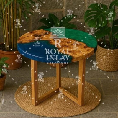 18" 3-Tone River Resin Burl Wood Table | Round Handmade Blue & Green Epoxy Table - Image 1 of 4
