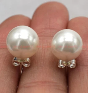 New 8/10/12/14/16/18/20mm White South Sea Shell Pearl 925 Silver Stud Earrings - Picture 1 of 12
