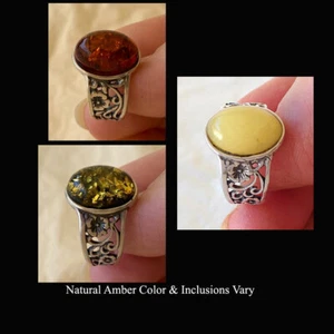 BALTIC GREEN BUTTERSCOTCH HONEY AMBER STERLING SILVER HANDMADE FLOWER RING - Picture 1 of 29