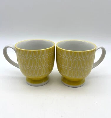 Set of 2 West Elm Footed Coffee Mugs Yellow White Geometric Pattern Cup 8 oz - Image 1 of 4