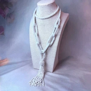 Vintage White Beaded Long Chain Detail Tassel Necklace - Picture 1 of 4