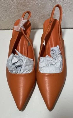 Kitten Heel Shoes Womens Size 6.5 Slingback Orange Faux Leather Pointed Toe New - Image 1 of 4
