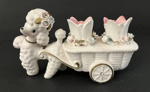 Vintage Keramik Pudel Ziehwagen Kerzenhalter Glitzer Haarschleife Enesco 6,5" - Bild 1 von 9