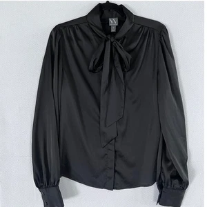 Black Satin Tie Neck Long Full Sleeve Blouse XS Work Office Career - Picture 1 of 8