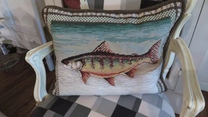 Stunning Yellowstone Cabin Chic Trout or Salmon Aubusson Needlepoint Pillow - Picture 1 of 17