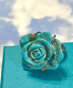 Sally C SX carved TURQUOISE ROSE Flower Sterling Silver 925 Floral Ring 5 - Picture 1 of 4