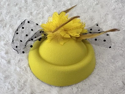 Yellow Black Polkadots Fascinator Pillbox Flower Feather Hat  Wedding Tea Party - Image 1 of 4