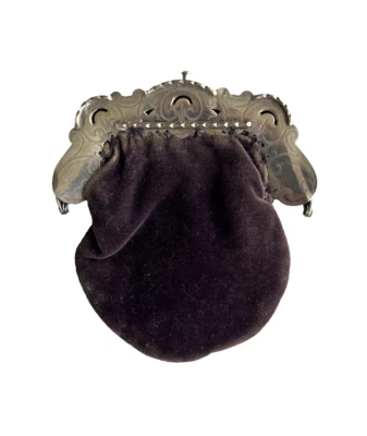 Cartera de terciopelo marrón francés vintage del siglo XIX con marco plateado ornamentado Foto 1 de 3