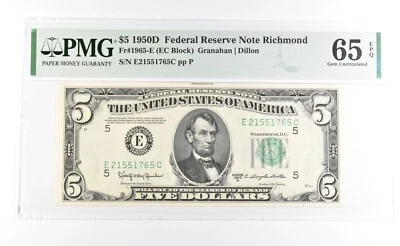 PMG 65 Choice Unc EPQ 1950 D $5 Richmond, VA US FRN Green Seal Fr#1965-E *1046 - Image 1 of 3