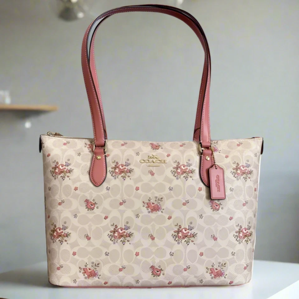 Coach Vintage Floral Gallery Tote Large Beige Zip Signature Canvas CBF10 ORGPKG