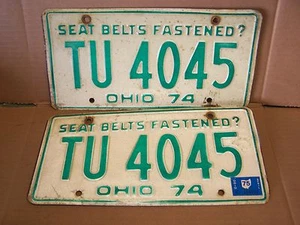 Ohio License Plates Year 1974 Tag #TU 4045, Set of Two, Seat Belts Fastened? - Picture 1 of 1