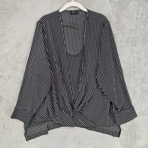Tahari Wrap Tunic Blouse Womens Size 1X Black White Striped Draped Chiffon Top - Picture 1 of 7
