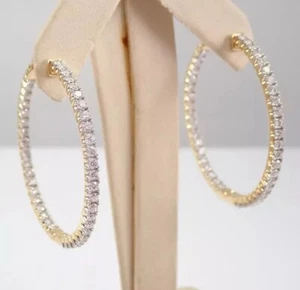 Inside Outside Hoop Earrings Round Cut Simulated Diamond 14K Yellow Gold Plated - Picture 1 of 6