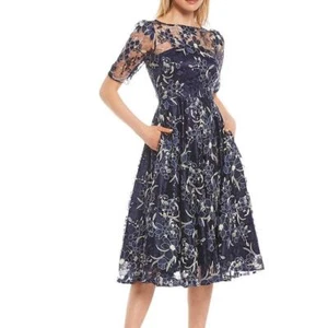 Eliza J Navy Sequin Floral Embroidery Fit & Flare Cocktail Midi Dress Womens 10 - Picture 1 of 12