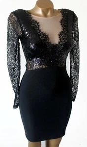 Lipsy Black Dress Stretch Bodycon With Sequins Long Sleeves Lace SIZE 8 NEW - Picture 1 of 8
