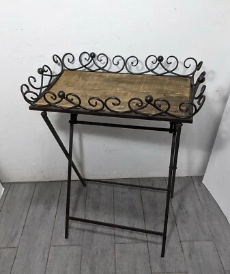 Vintage Victorian Folding Metal & Wood Butler Tray Table w Gallery Plant Stand - Image 1 of 4