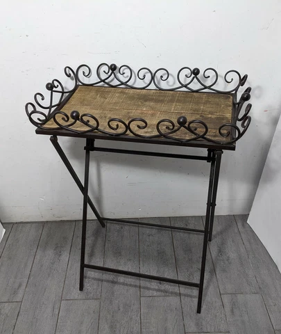 Vintage Victorian Ornate Folding Metal & Wood Tray Table w Gallery Plant Stand Cover