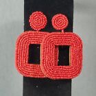 Dangle Seed Bead Hoop Earrings Red Retro Mid Century Modernist Boho Pierced 2.5"