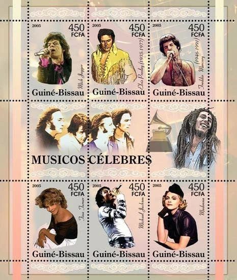 Guiné - Bissau 2005 - Estrelas pop famosas - M. Jagger, E. Presley, F. Mercury - Imagem 1 de 1