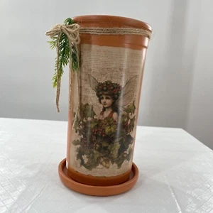 Vintage-Inspired Terra Cotta Wine Cooler With Fairy & Holly Design & Coaster - Picture 1 of 8