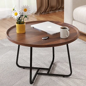 XCJump 80cm Round Coffee Table – Modern MDF End Table with Steel Frame, Brown - Picture 1 of 6