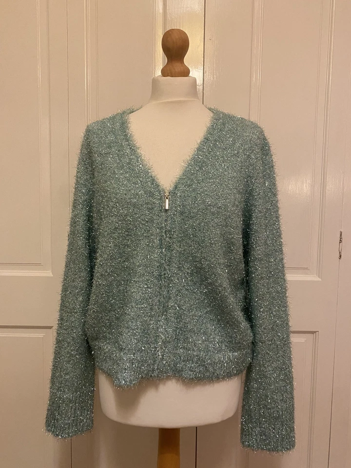 Oliver Bonas Mint Green Cardigan Zip Sparkly  Size 14 - Image 1 of 4