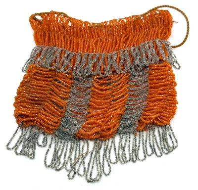 Antique Orange Silver Bead Flapper Art Deco Draw String Purse Fringe Bag (B) - Image 1 of 4
