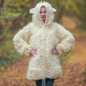 SuperTanya ivory mohair cardigan sheep coat with hood - Ready to Ship size XL - Picture 1 of 8