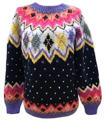 20 世纪 80 年代 KITTY HAWK BY VIVIAN WANG 羊毛丙烯酸串珠 Geo 毛衣 尺寸 M — 第 1/4 张图片