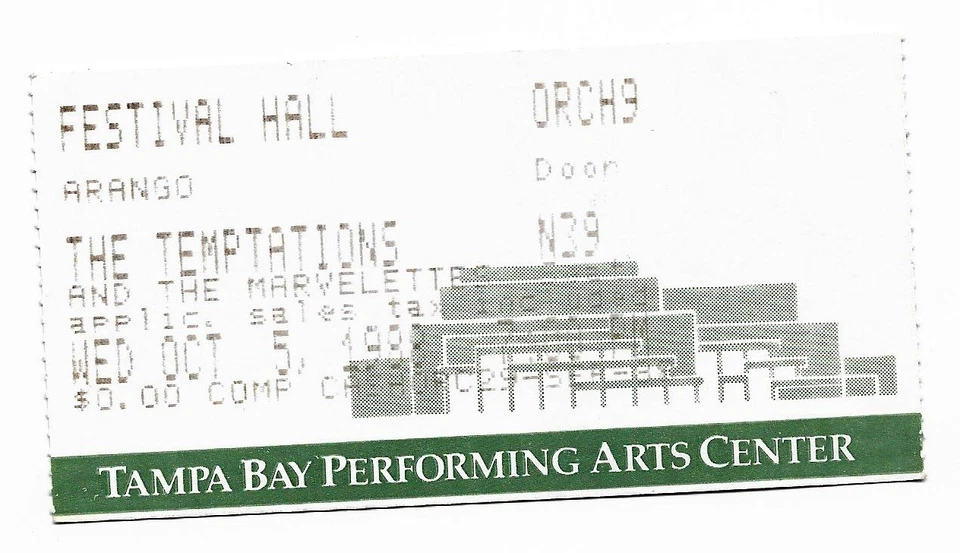 The Temptations & Marvelettes 10/5/88 Tampa Bay Performing Arts Ctr Ticket Stub! - Image 1 of 1