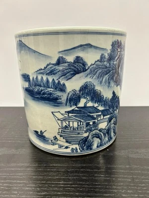 Chinese Blue and White Porcelain Brush Pot, Landscape Decoration - Image 1 of 4