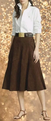 Ralph Lauren Leather Skirt, Brown Suede Leather, Size Large, 12, WAS $600 *NEW!* - Image 1 of 4