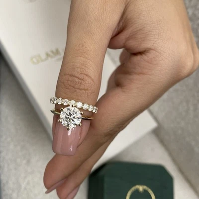 Anillo y banda de diamantes con certificación IGI VS1 E 2,7 quilates redondo creado en laboratorio oro rosa de 14 K Foto 1 de 4