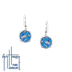 Guy Harvey Marlin Wire Dangle Earrings Full Color Enamel 15mm Sterling Silver - Picture 1 of 1