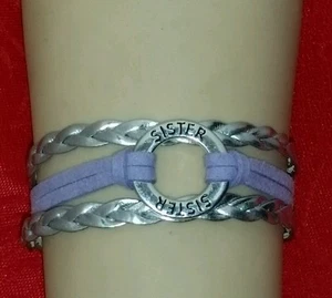 PULSERA DE CUERO AJUSTABLE SISTER - PLATEADA Y PÚRPURA HECHA A MANO -6""-8""- #297 - Imagen 1 de 3